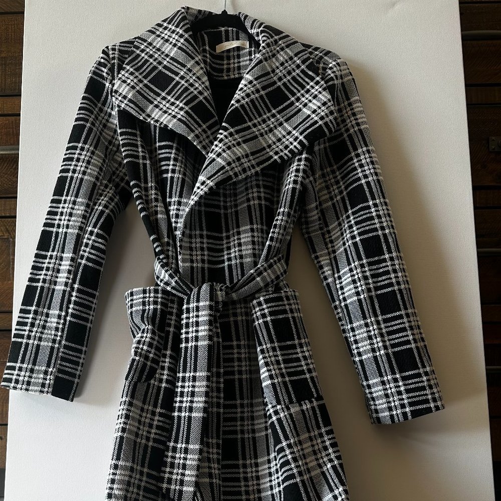 Plaid, Long Sweater Coat with Tie